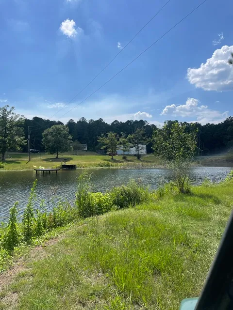 Summer view of the family pond with a dock and blue skies